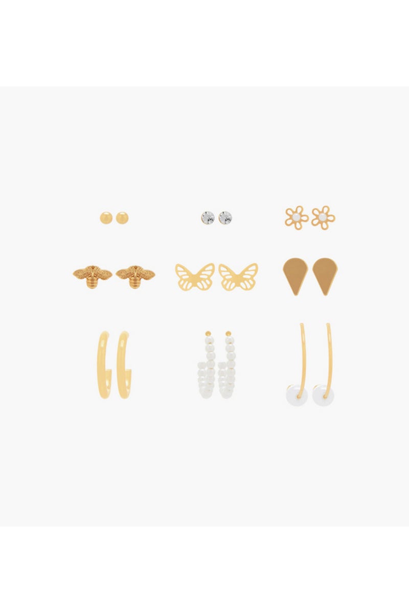 Pack of 9 Gold Tone Earrings with Pushback Closure